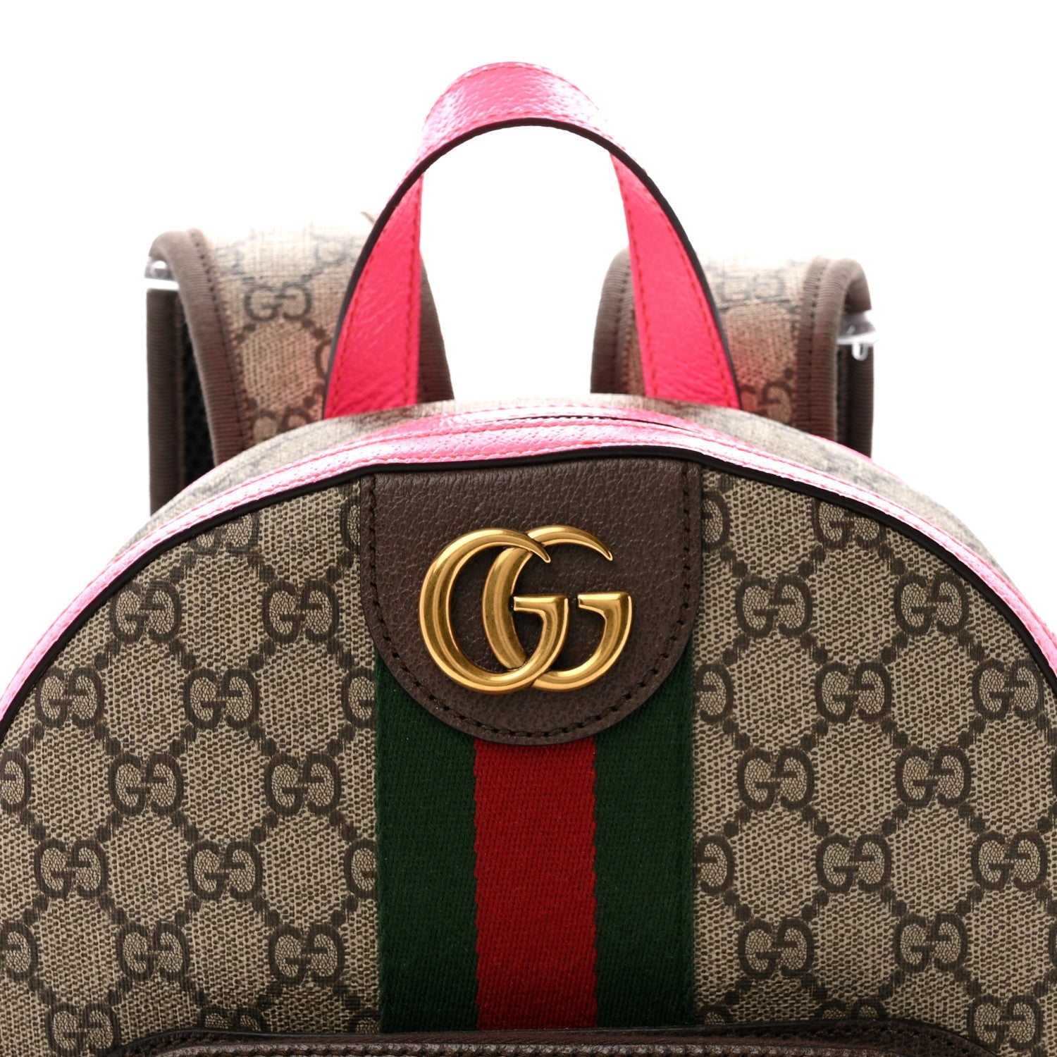 Gucci GG Supreme Monogram Textured Dollar Calfskin Web Small Ophidia Day Backpack Beige Ebony Fluorescent Fuchsia