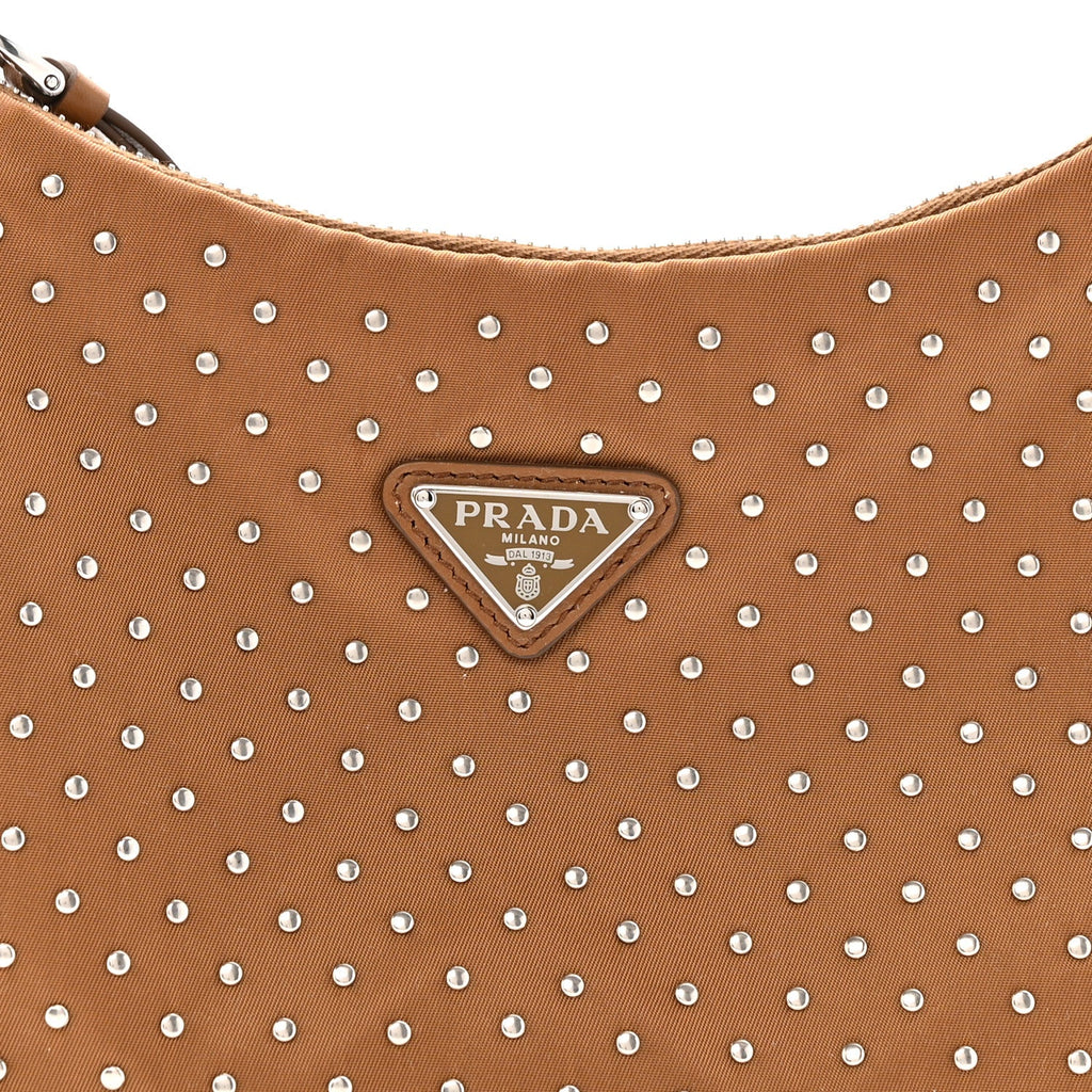 Prada Tessuto Nylon Studded Mini Re-Edition Bag Brandy