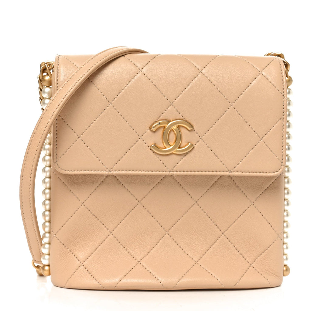 Chanel Calfskin Quilted Pearl Small Hobo Bag Beige