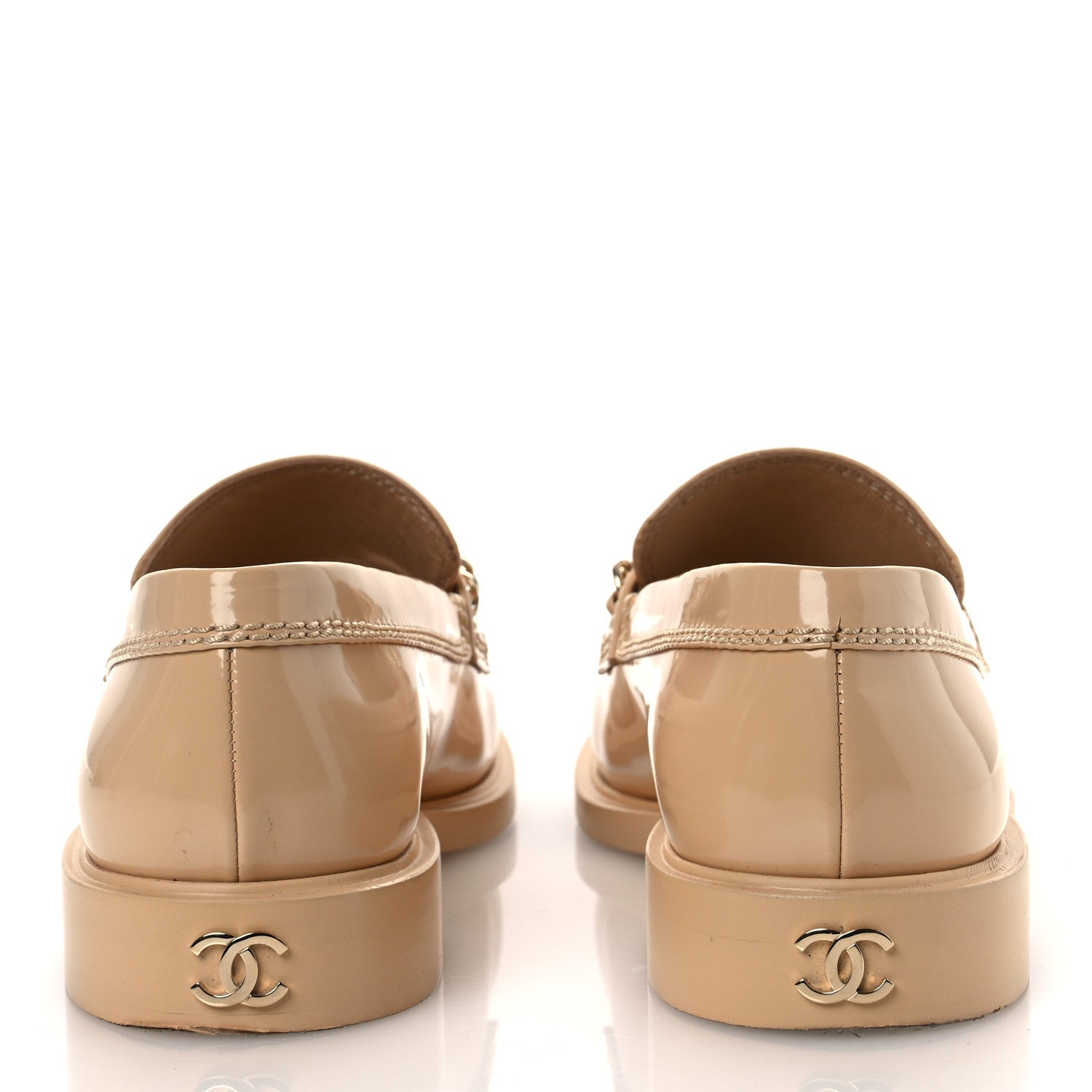 Chanel Shiny Calfskin Logo Loafers 40 Beige