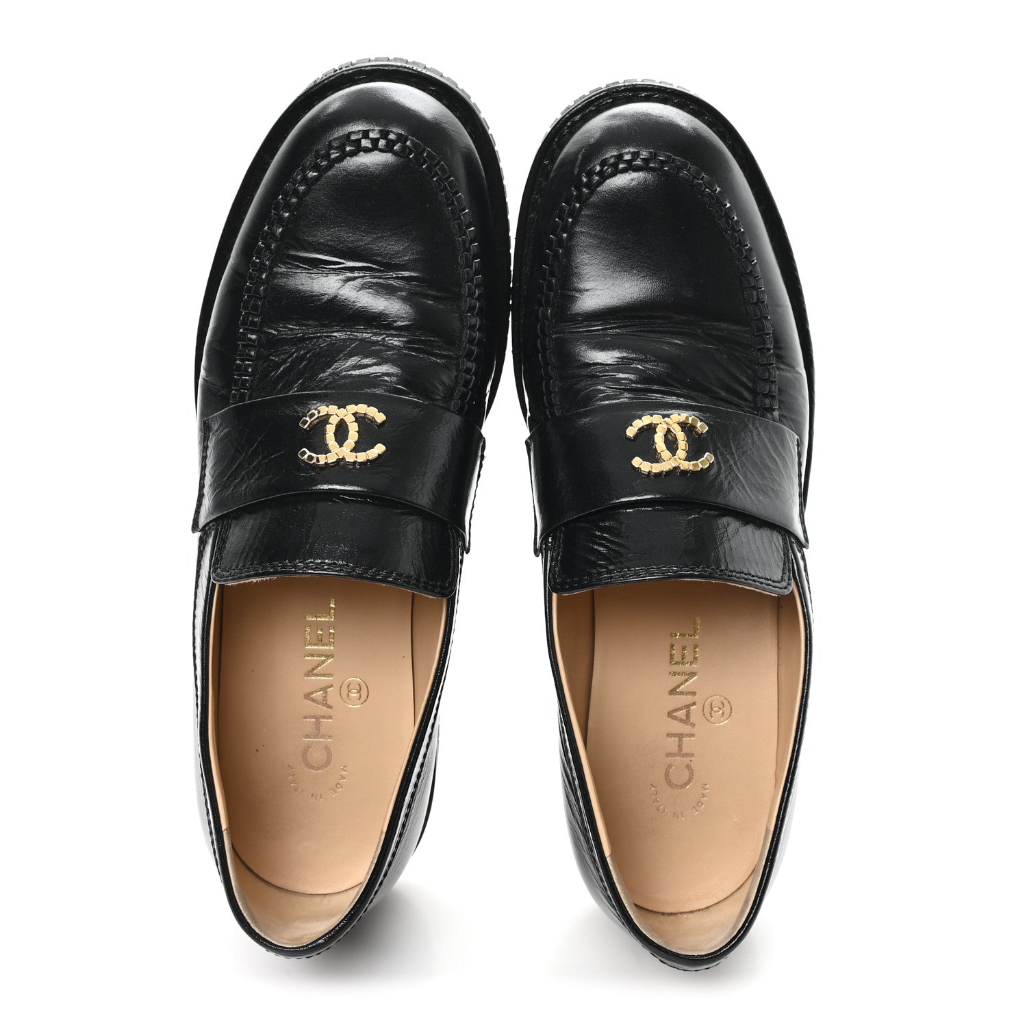 Chanel Shiny Crumpled Calfskin CC Mocassin Loafers 38.5 Black