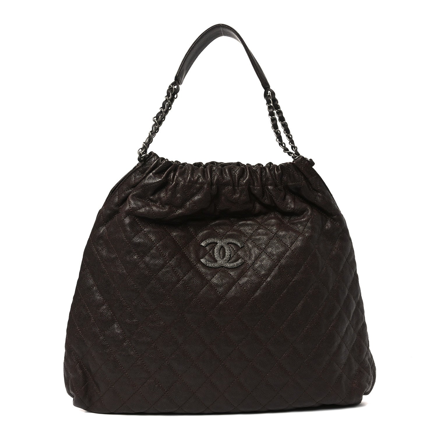 Chanel Distressed Glazed Caviar Quilted Large Elastic Tote Dark Brown