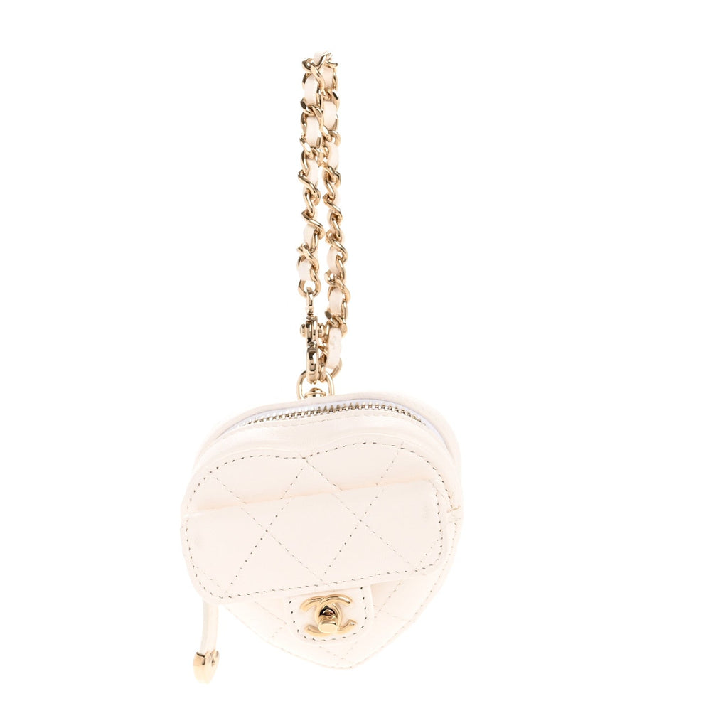 Lambskin Quilted CC Mini In Love Heart Bag Charm White