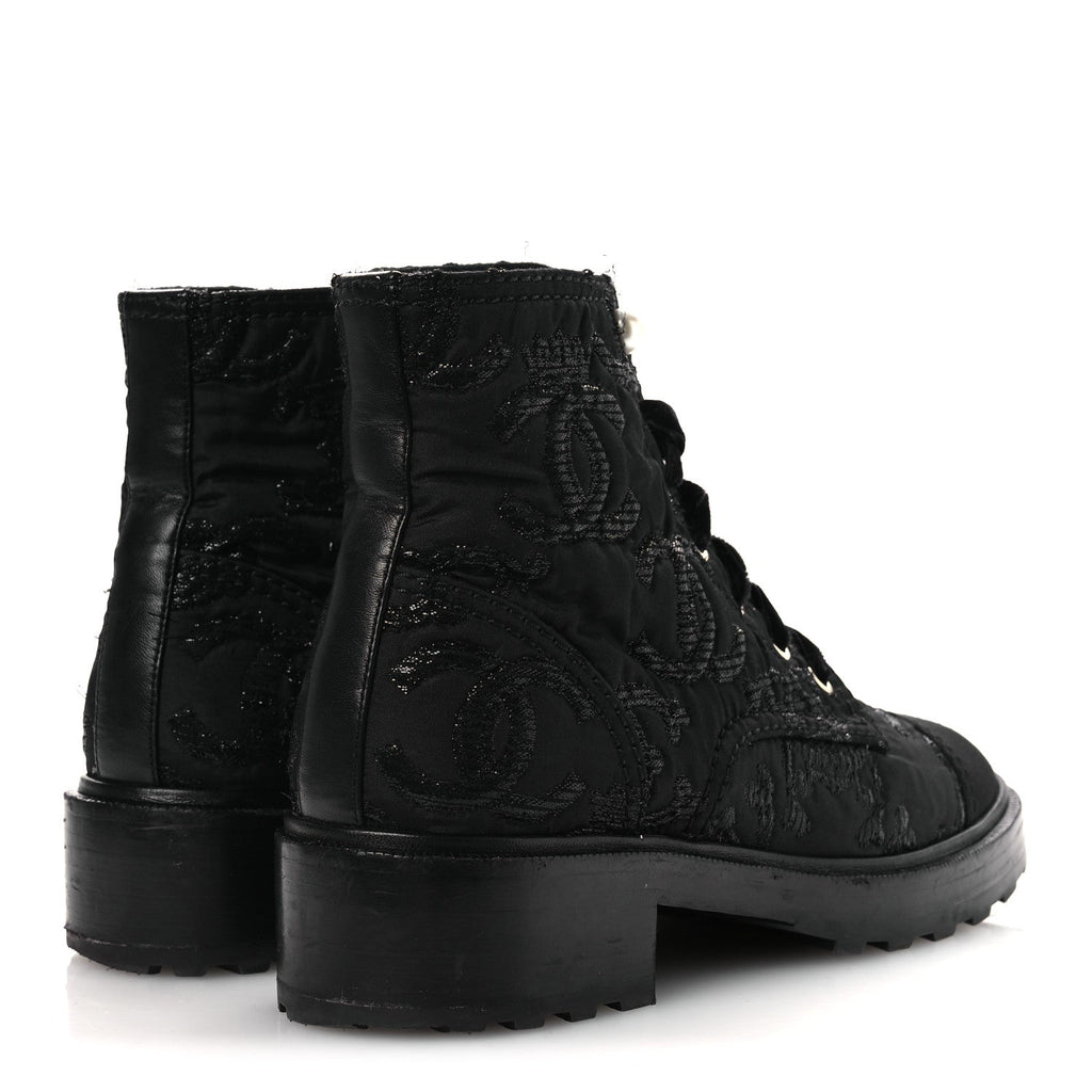 Grosgrain Tweed Pearl CC Combat Short Boots 39 Black