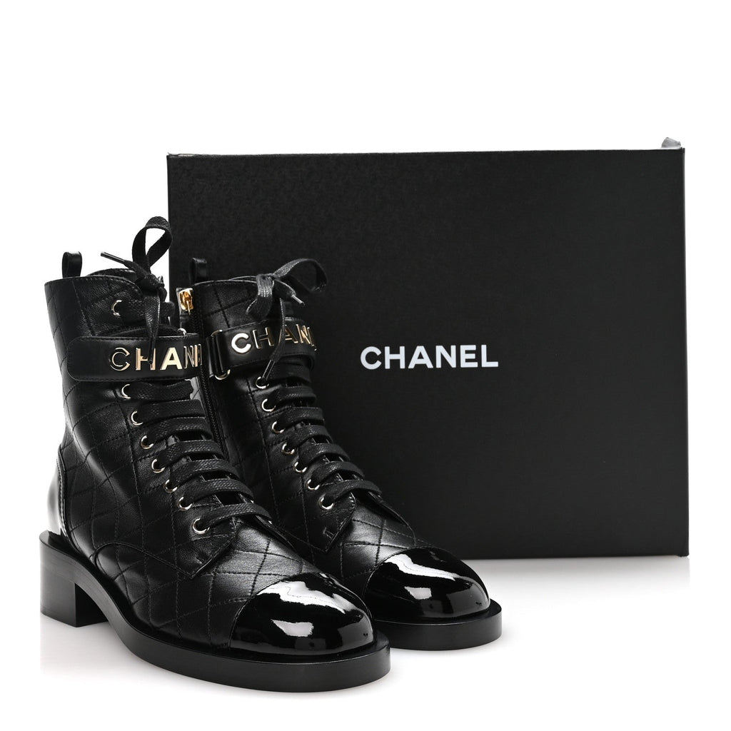 Lambskin Patent Calfskin Quilted Logo Lace Up Combat Boots 39.5 Black