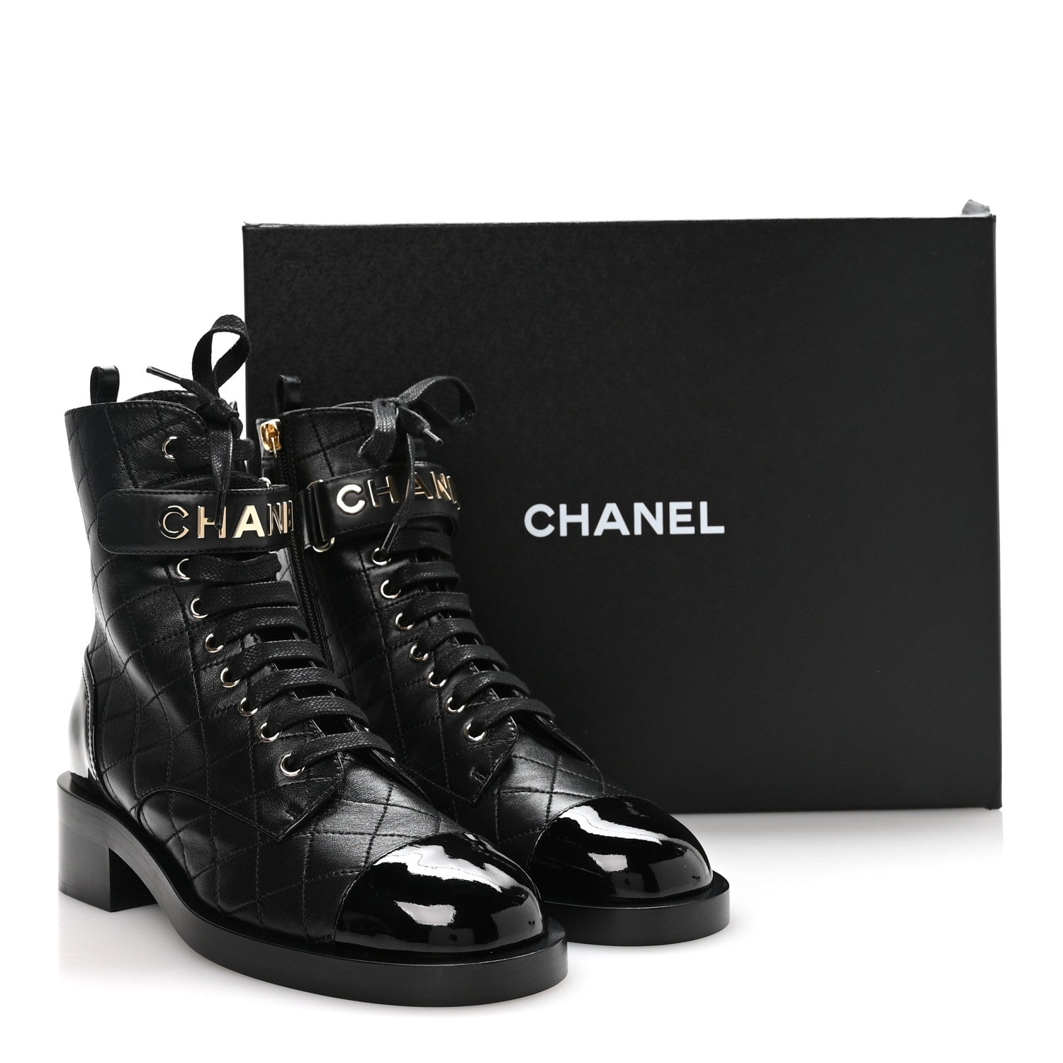 Lambskin Patent Calfskin Quilted Logo Lace Up Combat Boots 39.5 Black