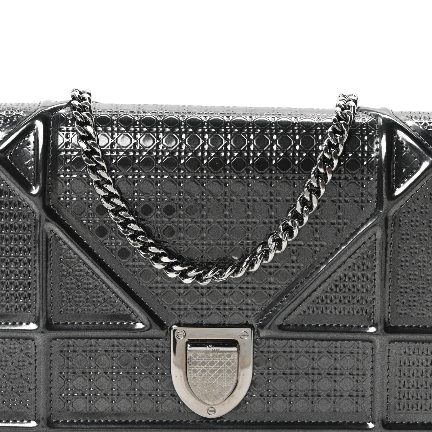Christian Dior Metallic Patent Micro-Cannage Diorama Wallet on Chain Pouch Onyx Black