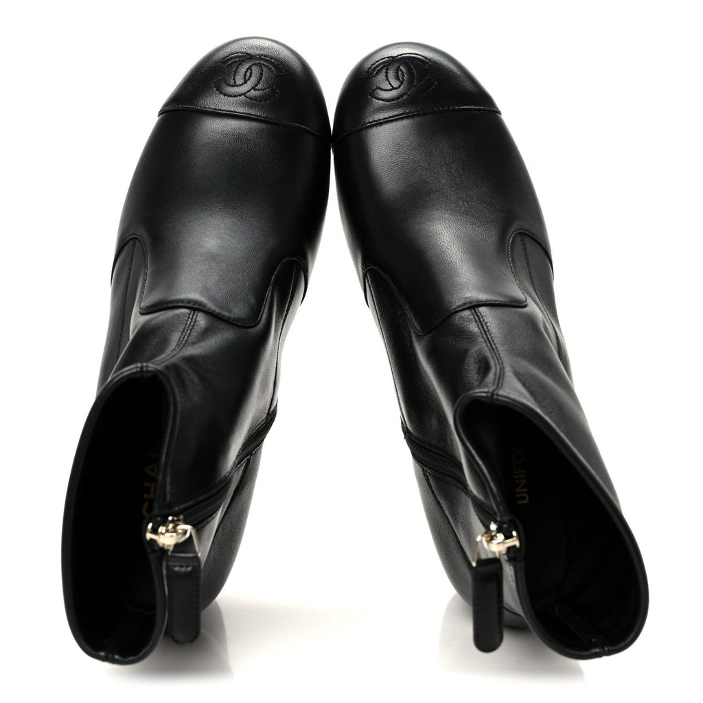 Chanel Stretch Lambskin Cap Toe CC Uniform Short Boots 38 Black