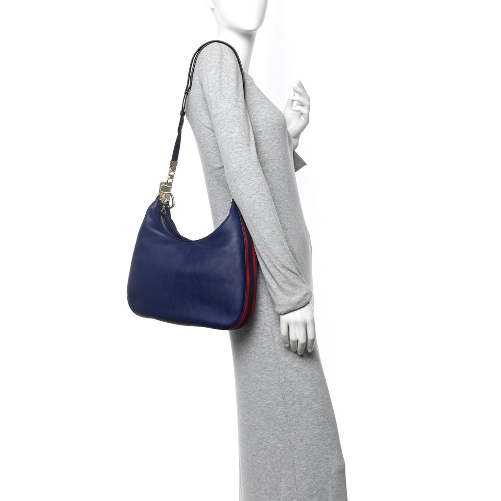 Gucci Aria Calfskin Web Large Attache Shoulder Bag Navy
