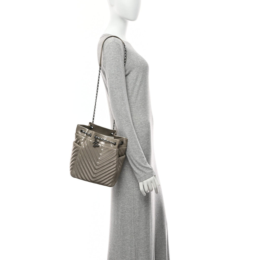 Chanel Iridescent Calfskin Chevron Small Urban Spirit Drawstring Bag Silver