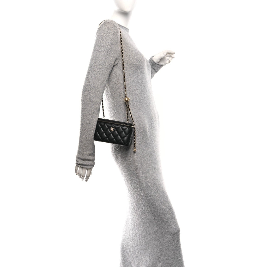 Chanel Lambskin Quilted Pearl Crush Small Vanity Case With Chain Black