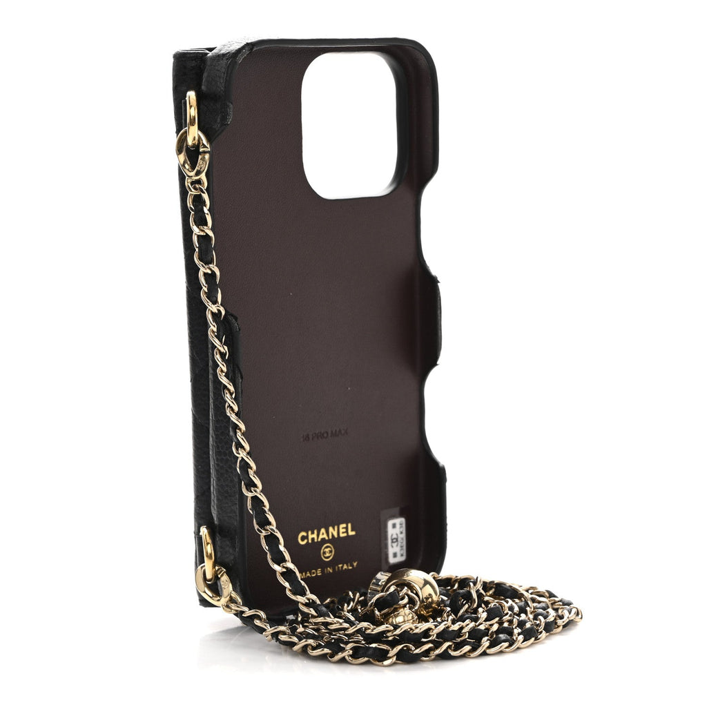 Caviar Quilted Pearl Crush iPhone 16 Pro Max Case With Chain Black