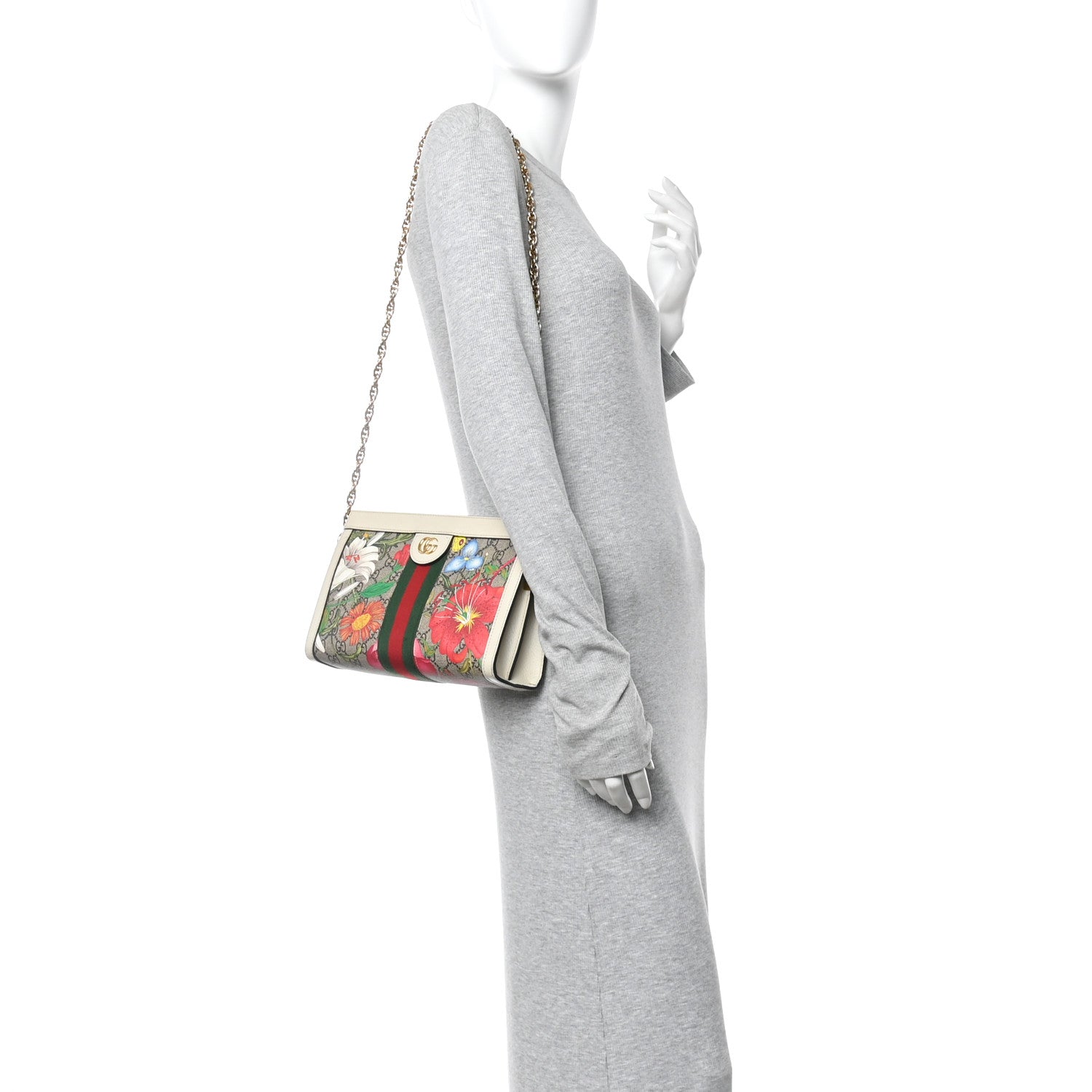 Gucci GG Supreme Monogram Flora Web Small Ophidia Chain Shoulder Bag White
