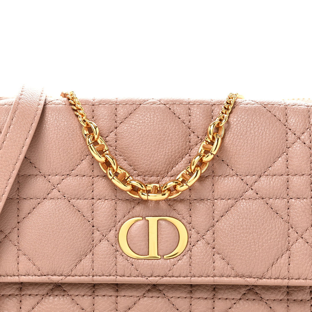 Christian Dior Supple Calfskin Cannage Caro Pouch with Chain Rose Des Vents