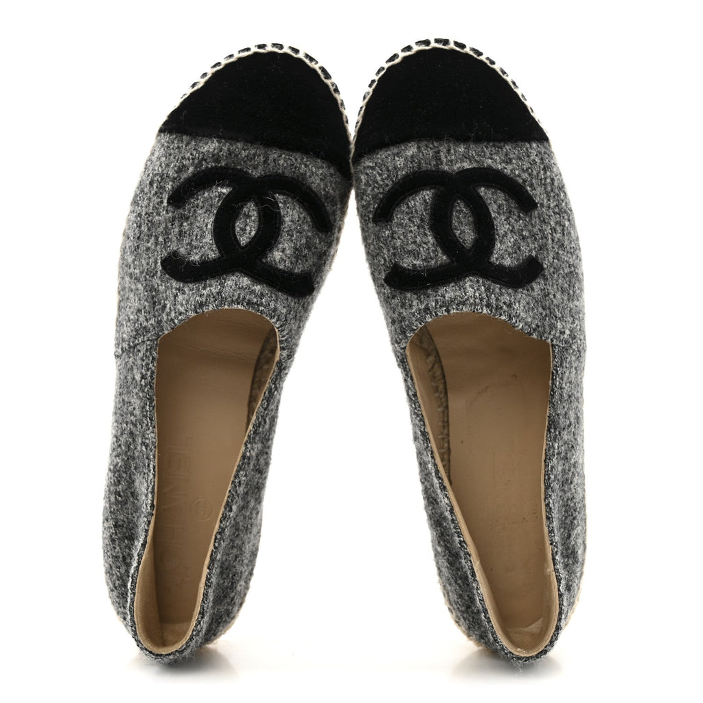 Chanel Tweed Velvet CC Espadrilles 38 Grey Black