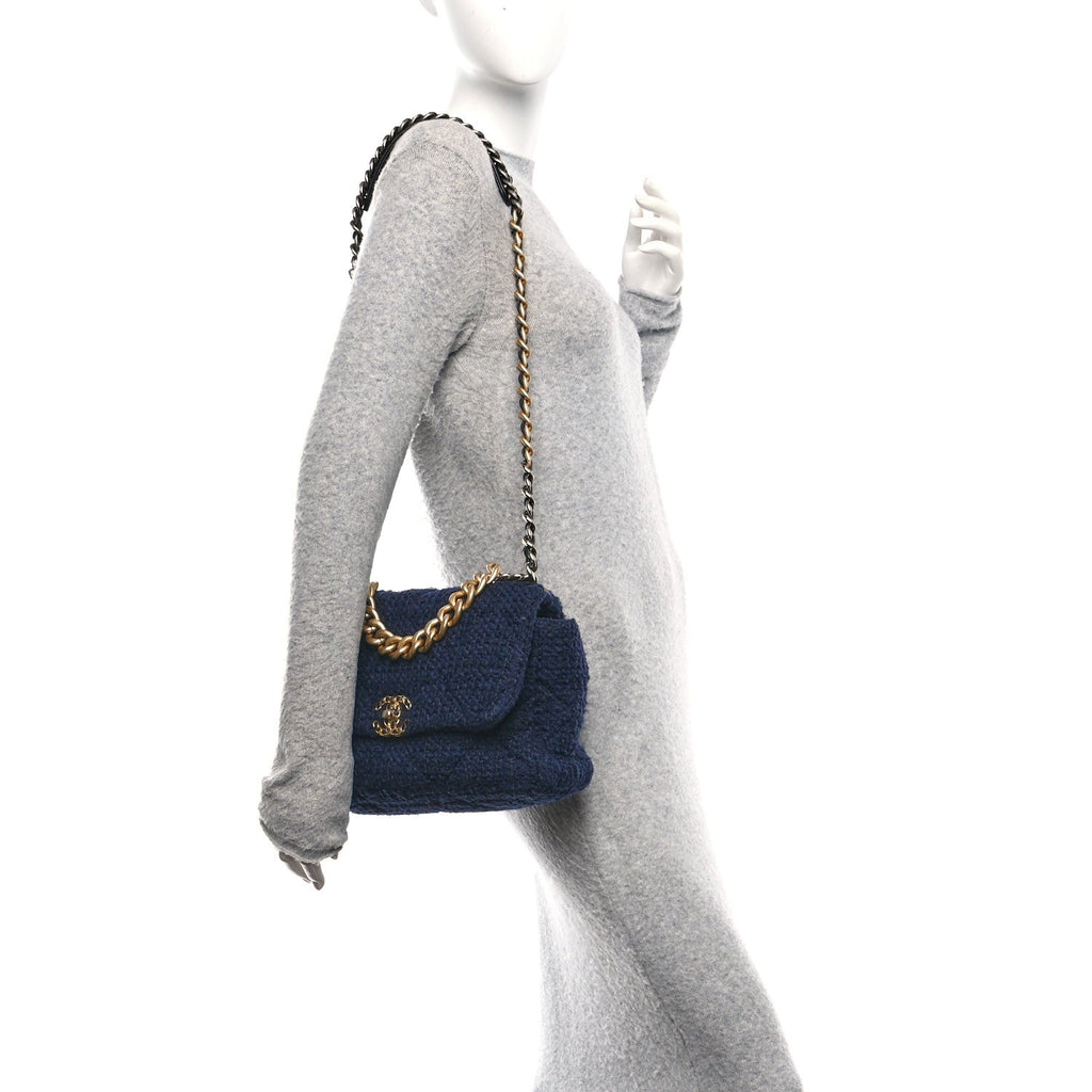 Chanel Tweed Quilted Large Chanel 19 Flap Navy Blue