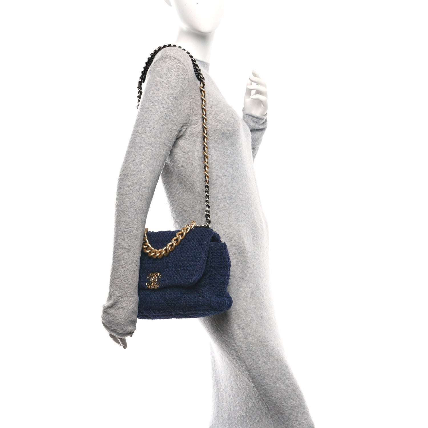 Chanel Tweed Quilted Large Chanel 19 Flap Navy Blue