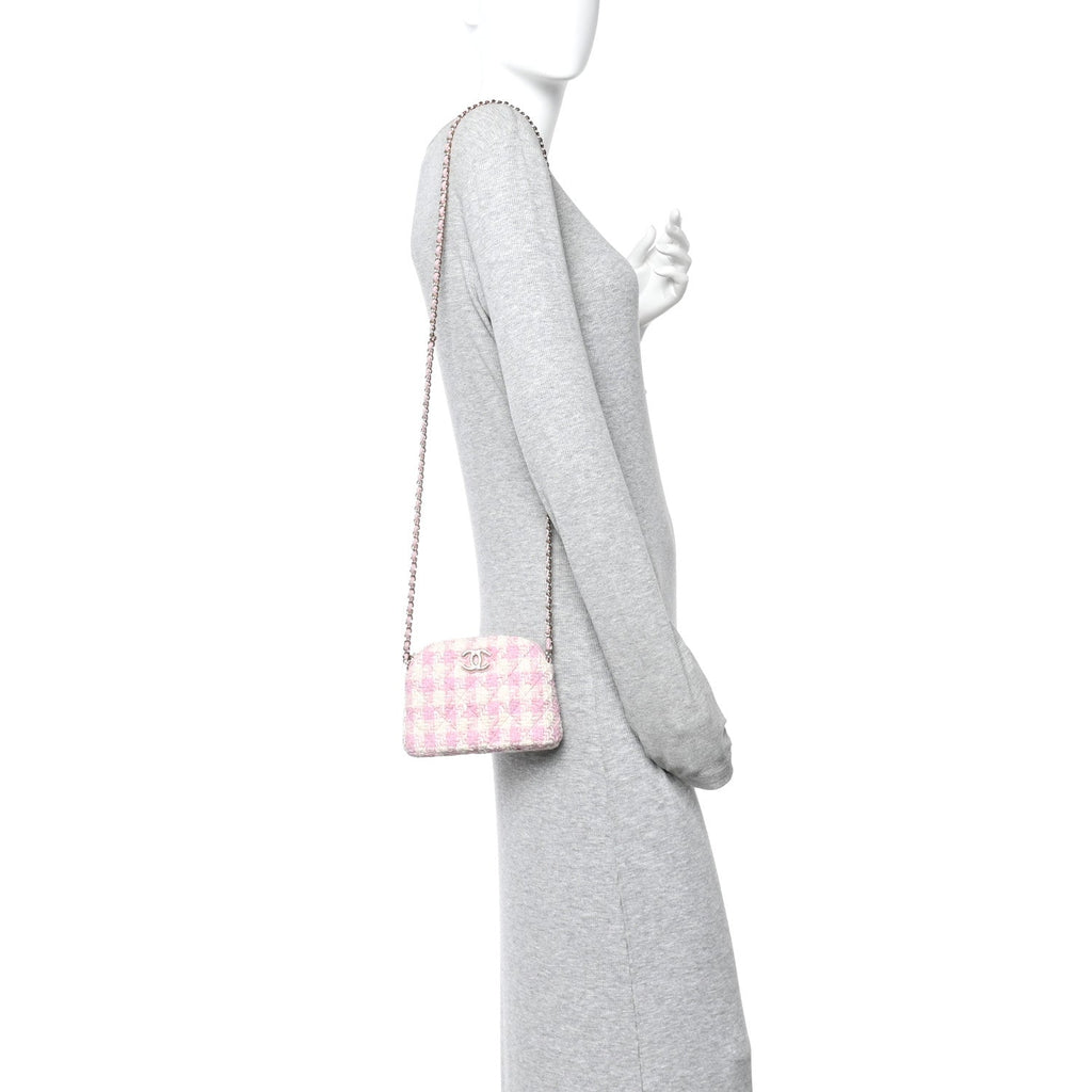 Chanel Tweed Quilted Mini Clutch With Chain Pink