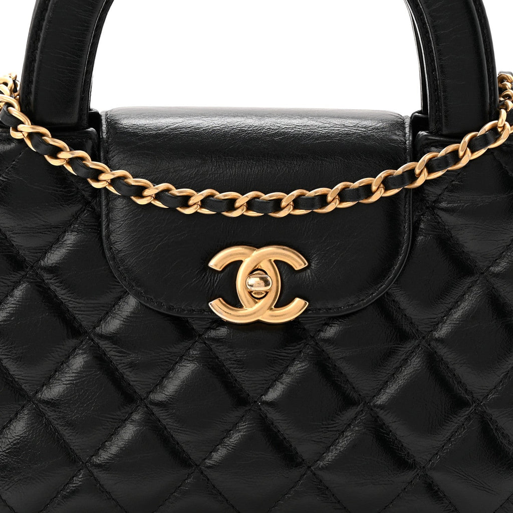 Chanel Shiny Aged Calfskin Quilted Nano Kelly Shopper Black