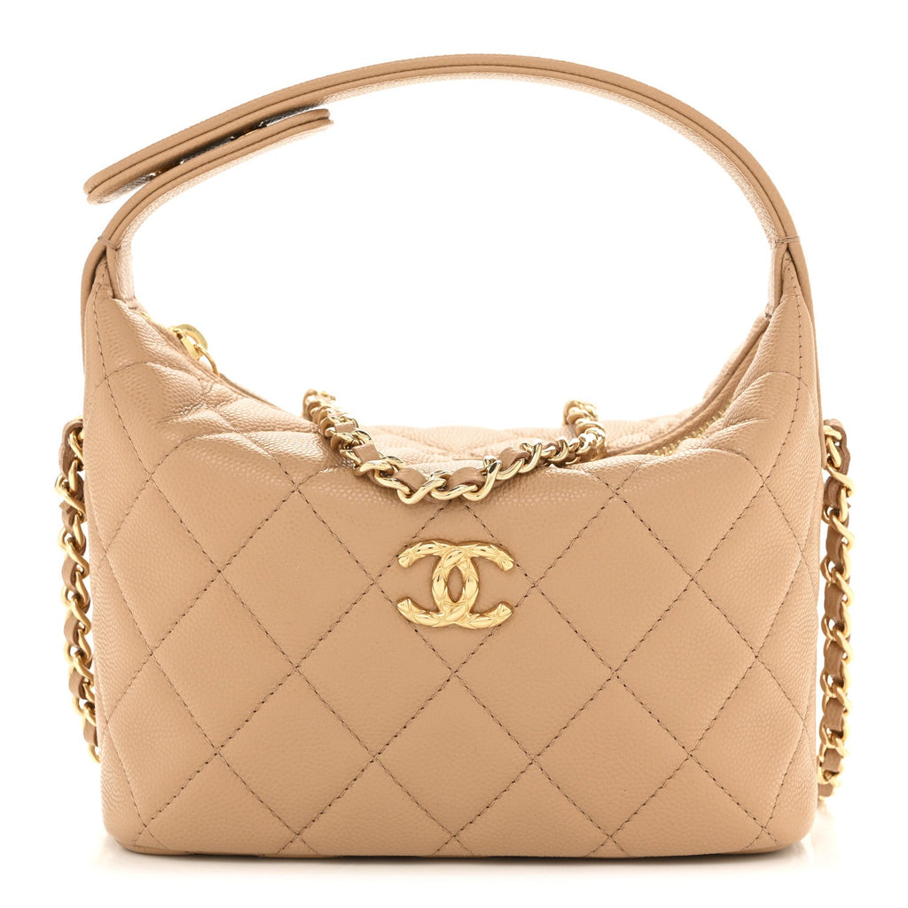 Chanel Shiny Caviar My Cush Hobo Clutch With Chain Beige