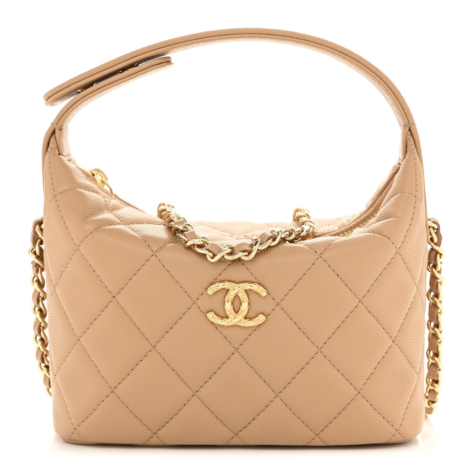 Chanel Shiny Caviar My Cush Hobo Clutch With Chain Beige