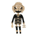 Enamel Crystal Pearl CC Lion Brooch Black White