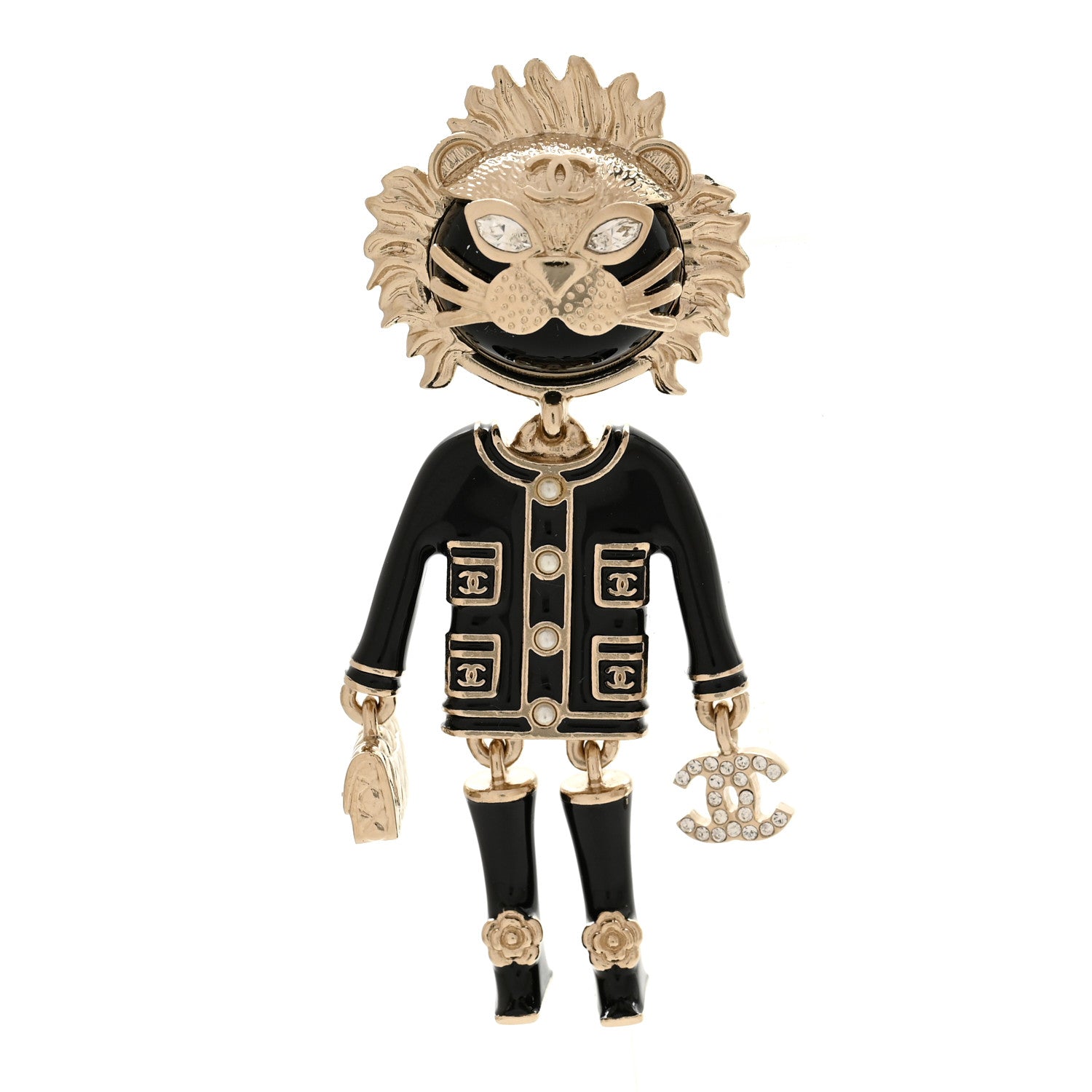 Enamel Crystal Pearl CC Lion Brooch Black White