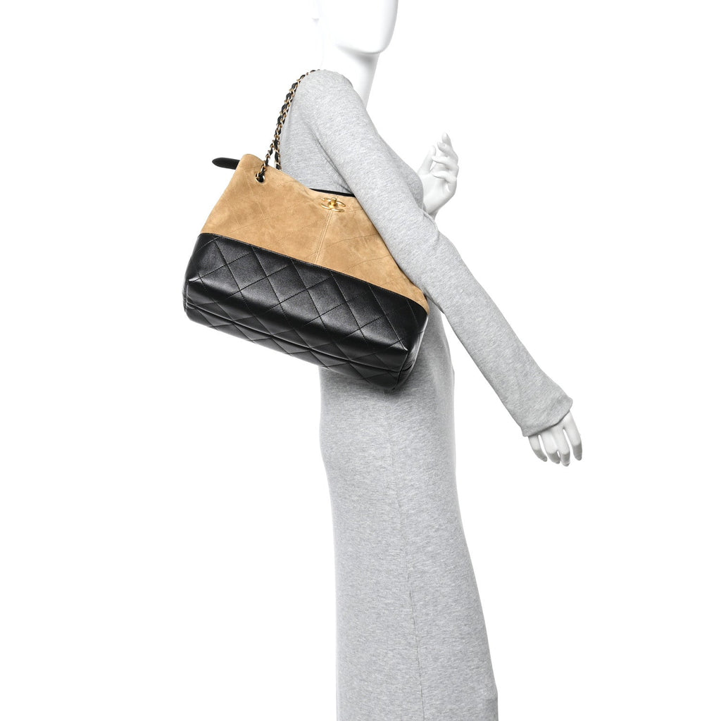 Chanel Suede Calfskin Shiny Lambskin Quilted Small Coco Base Shopping Bag Beige Black
