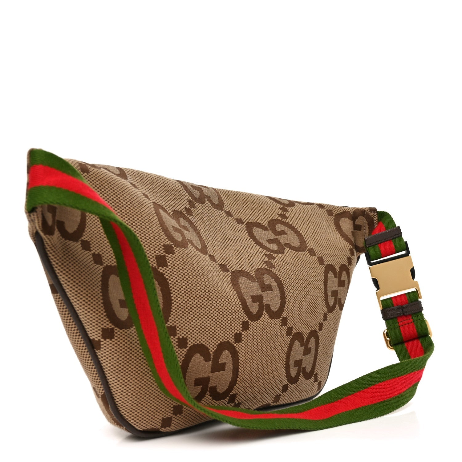 Gucci Monogram Jumbo GG Textured Dollar Calfskin Web Belt Bag Camel Ebony New Acero