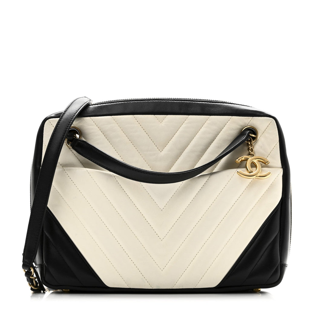 Chanel Lambskin Chevron Quilted Camera Case Black White