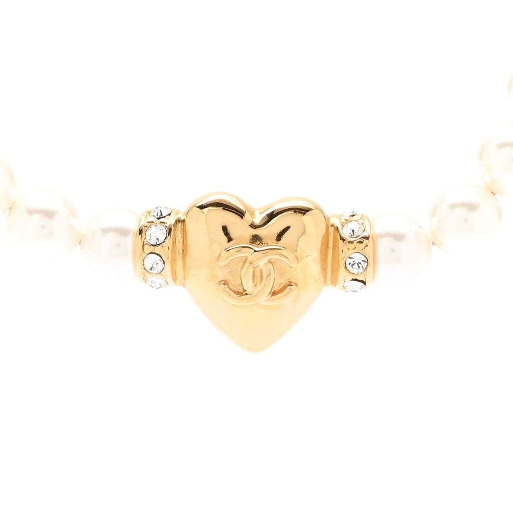 Crystal Pearl CC Heart Choker Necklace Gold
