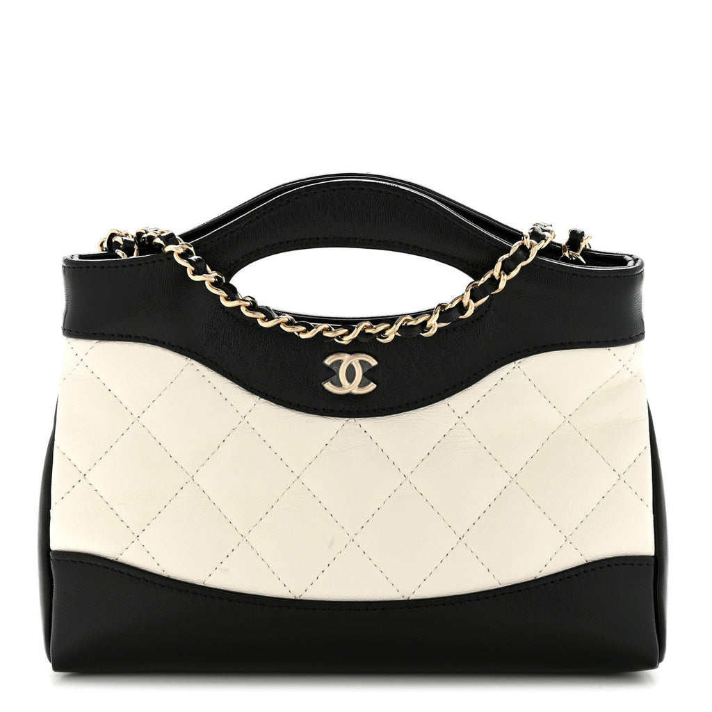 Chanel Shiny Crumpled Calfskin Quilted Nano 31 Shopping Bag White Black