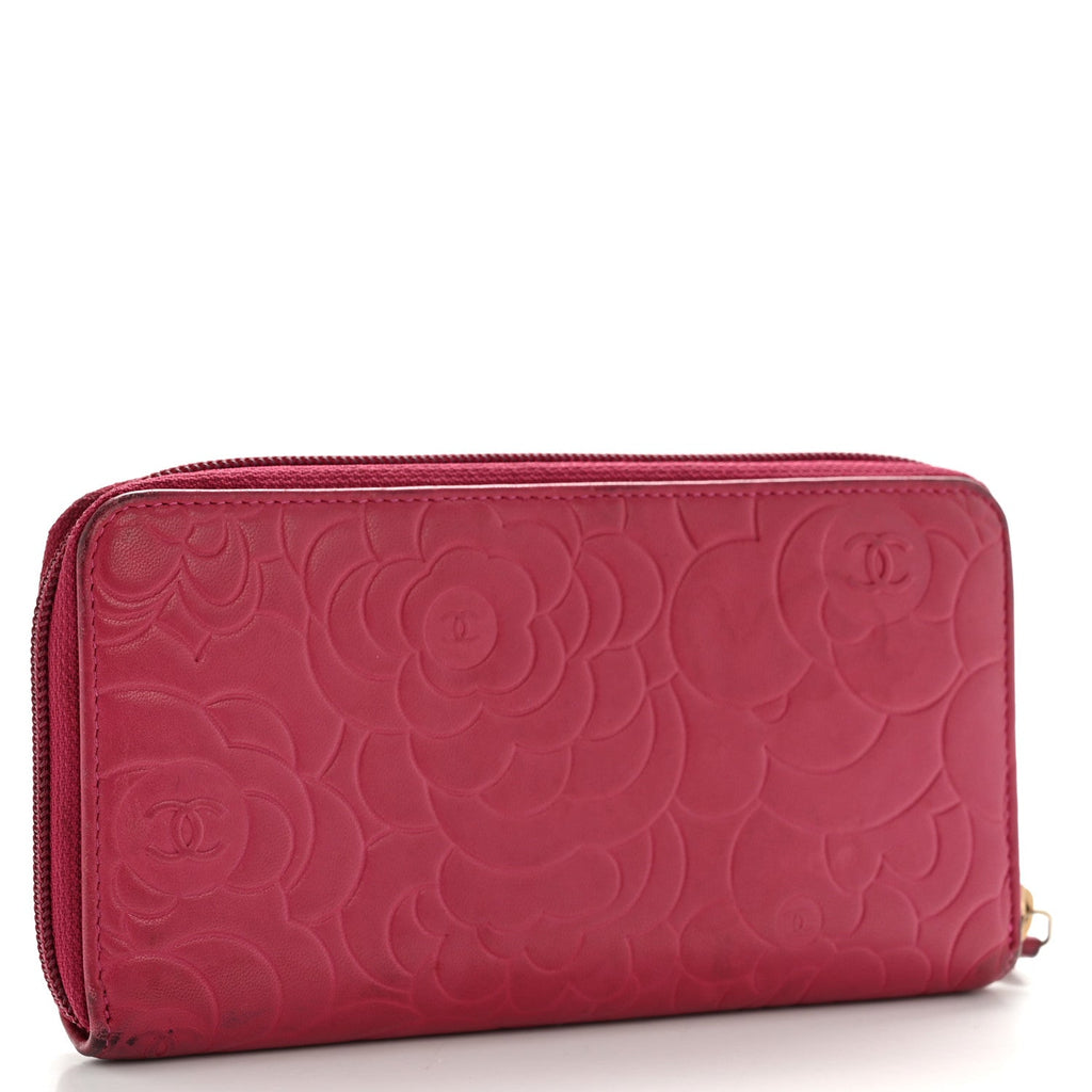 Chanel Lambskin Camellia Embossed Large Gusset Zip Around Wallet Fuchsia