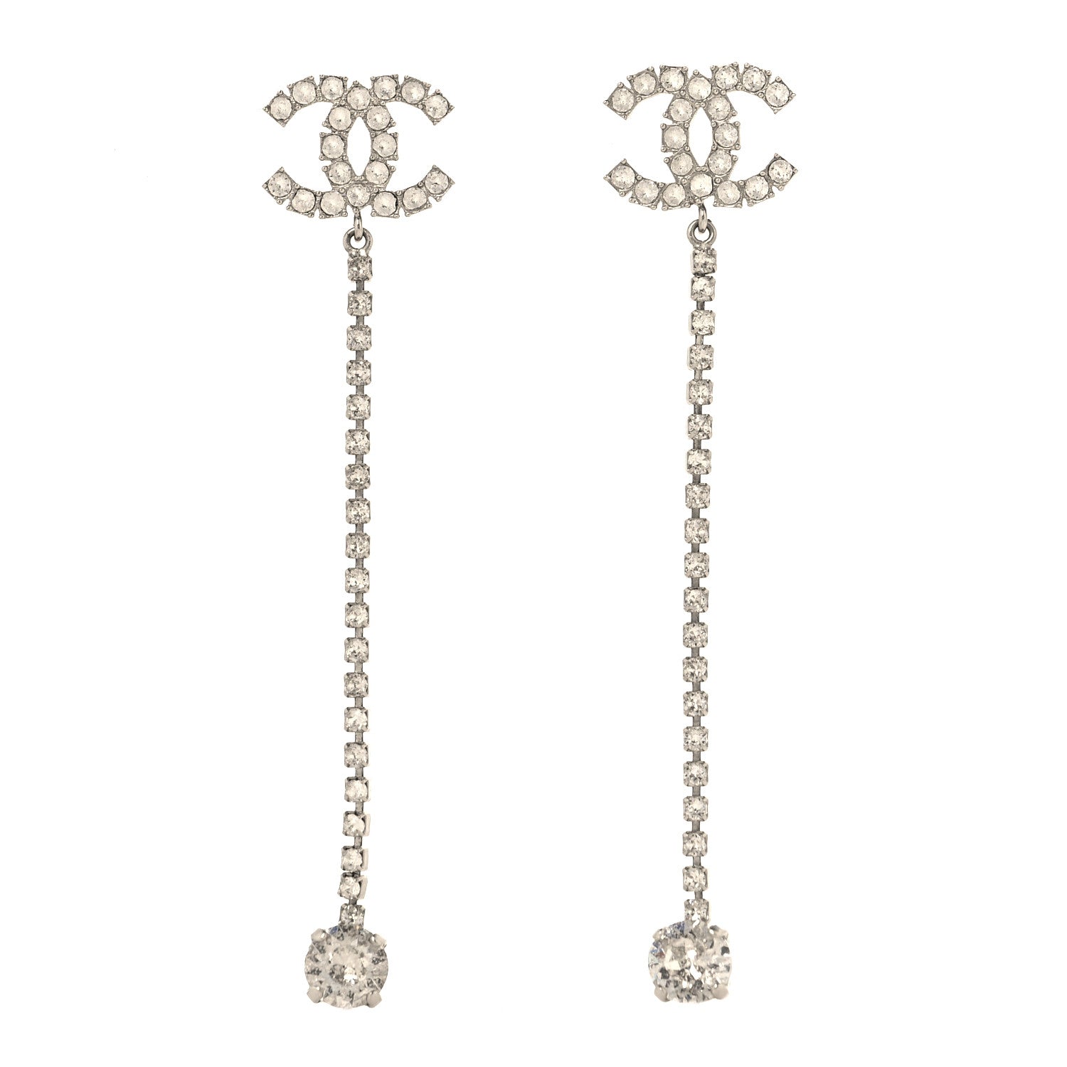 Metal Baguette Round Crystal CC Drop Long Earrings Silver