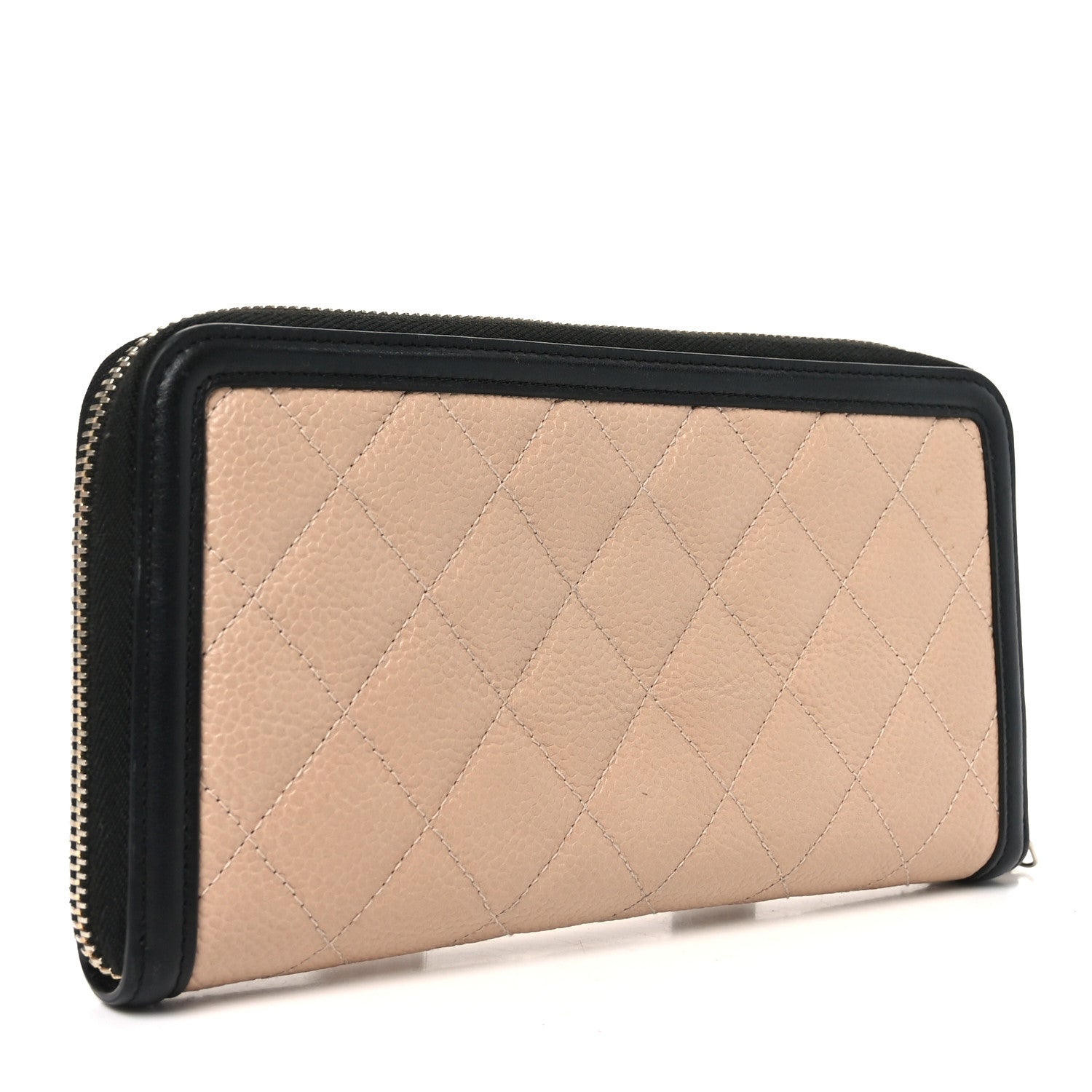 Caviar Quilted Filigree Zip Around Wallet Beige Black