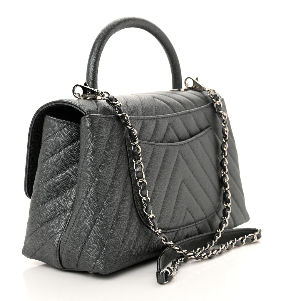 Chanel Metallic Caviar Chevron Quilted Small Coco Handle Flap Dark Silver