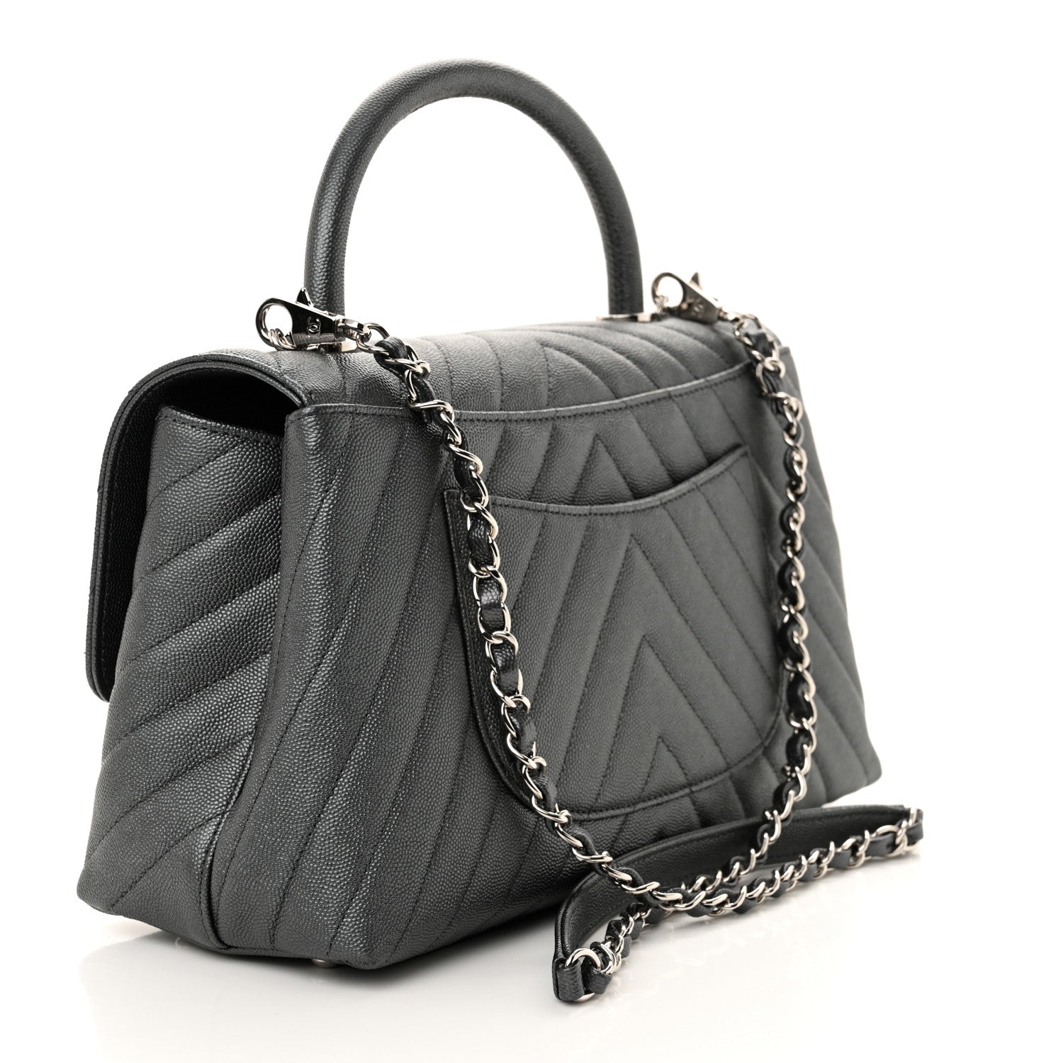 Chanel Metallic Caviar Chevron Quilted Small Coco Handle Flap Dark Silver