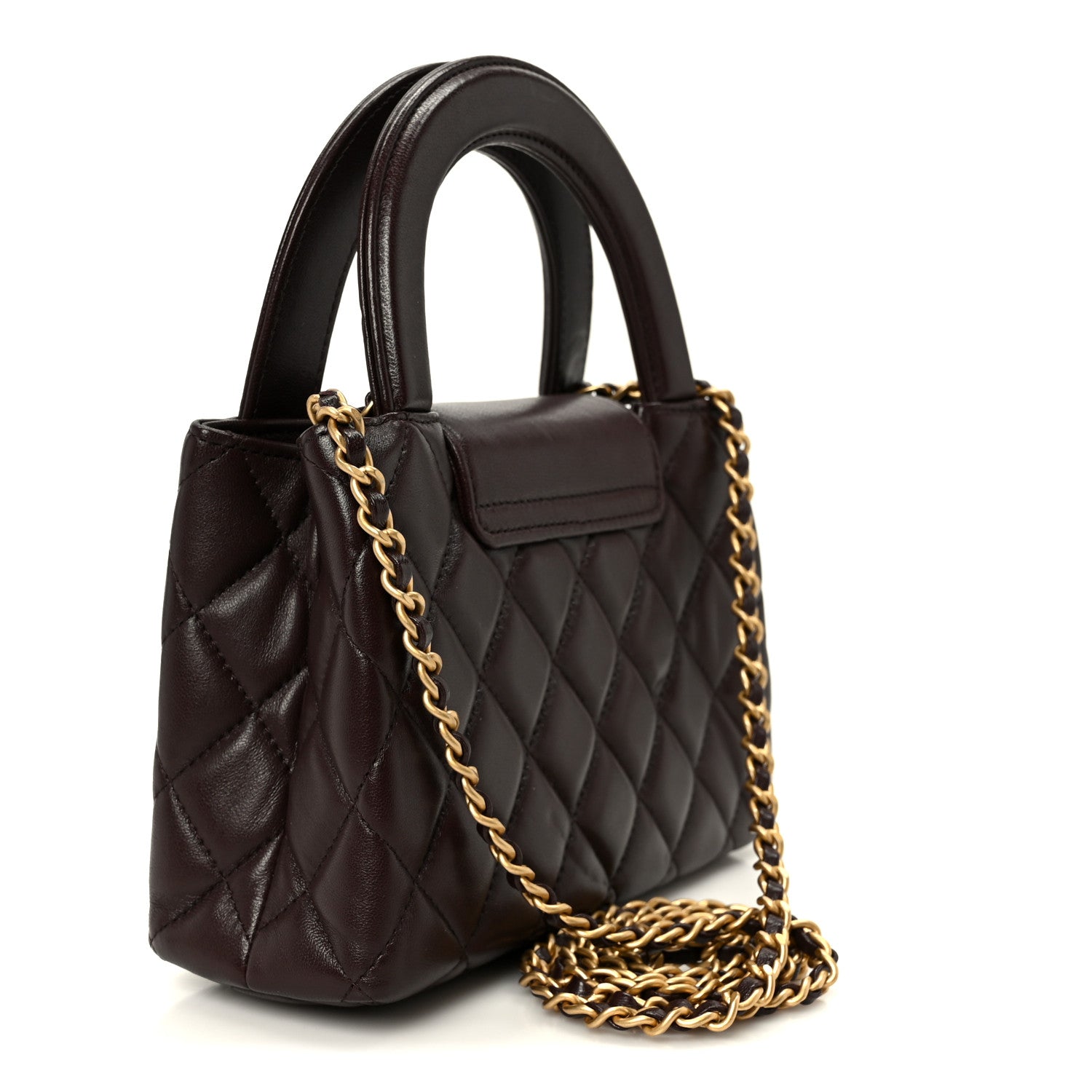 Chanel Shiny Aged Calfskin Quilted Nano Kelly Shopper Dark Brown