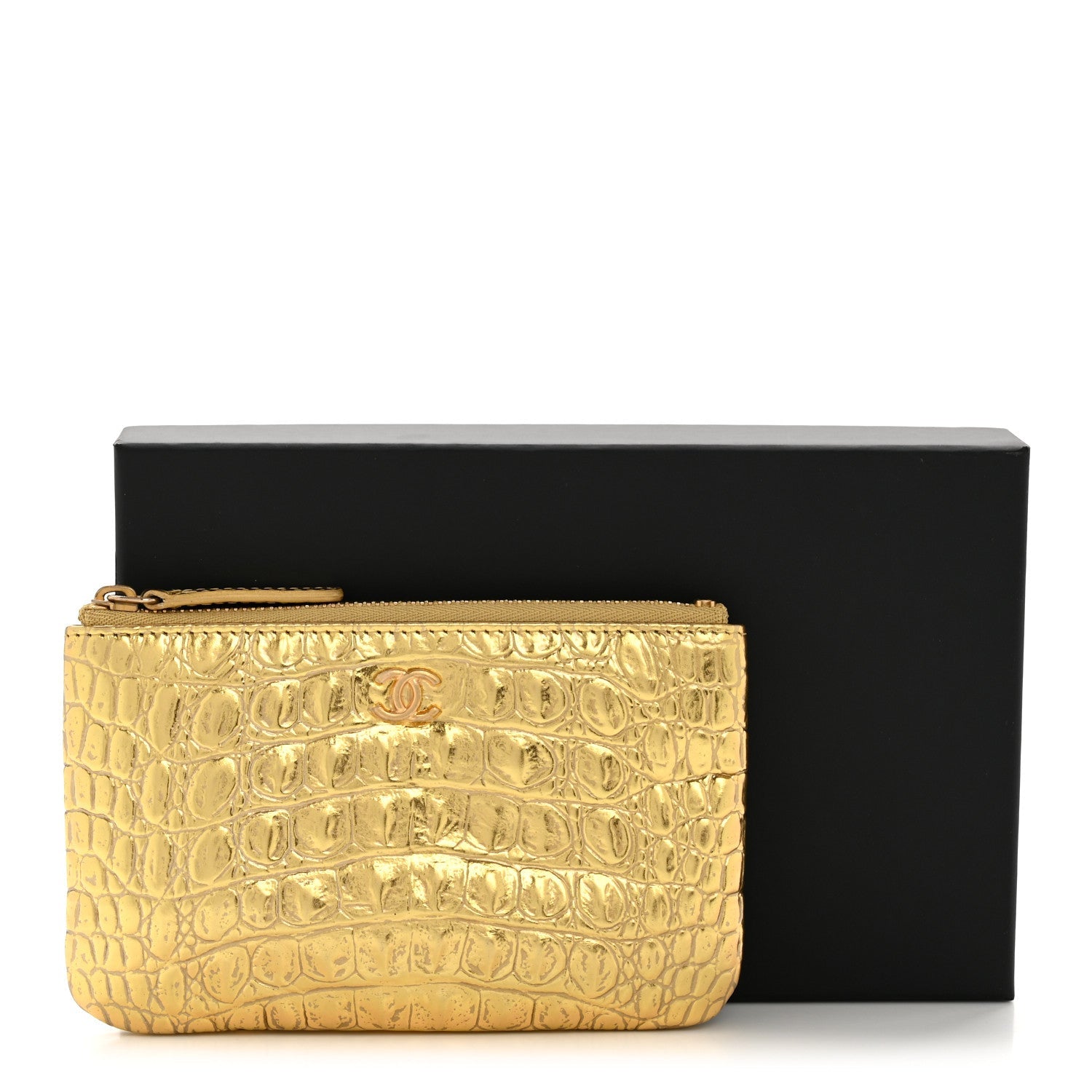 Metallic Calfskin Crocodile Embossed Cocodile Small Cosmetic Case Gold