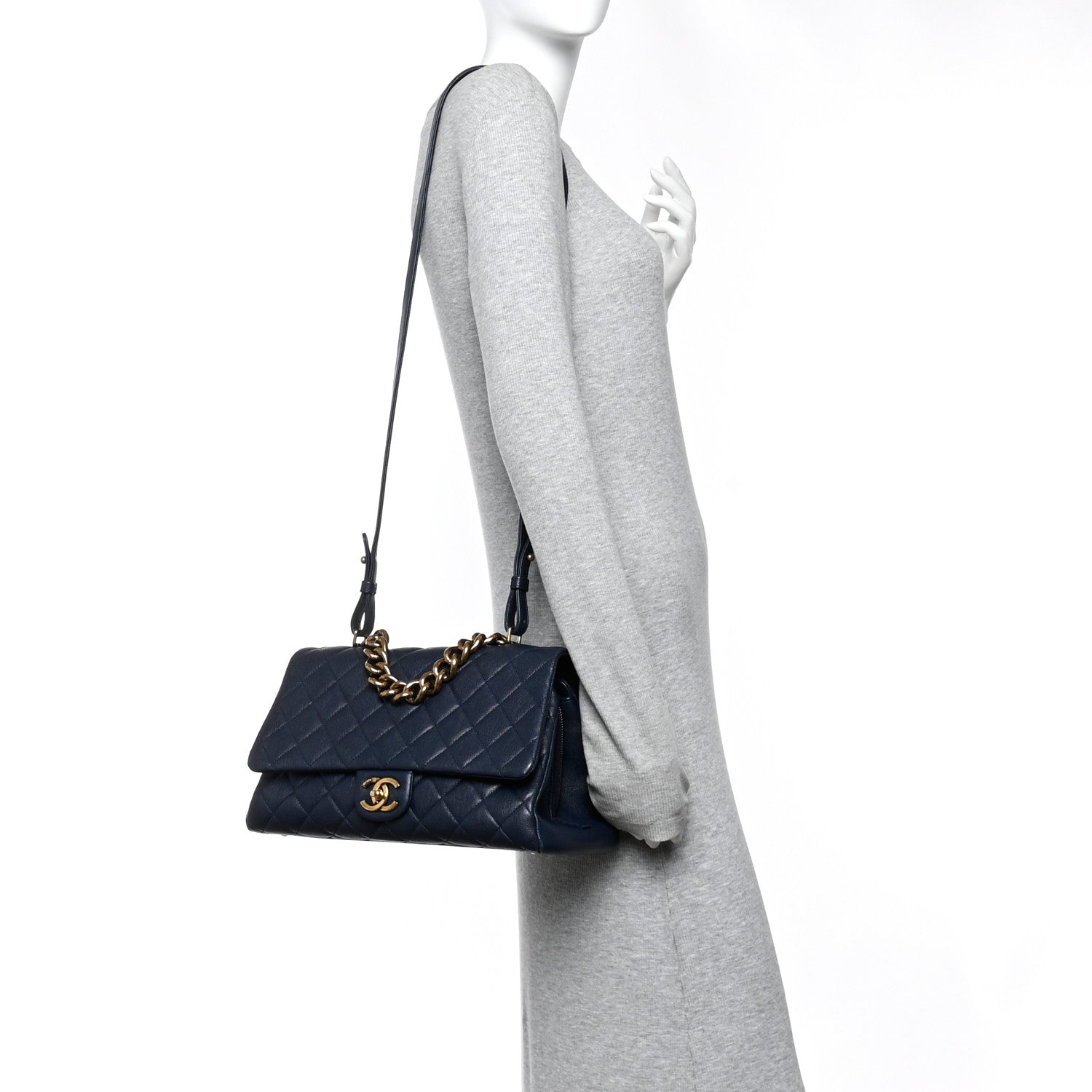 Chanel Shiny Sheepskin Quilted Large Trapezio Flap Navy