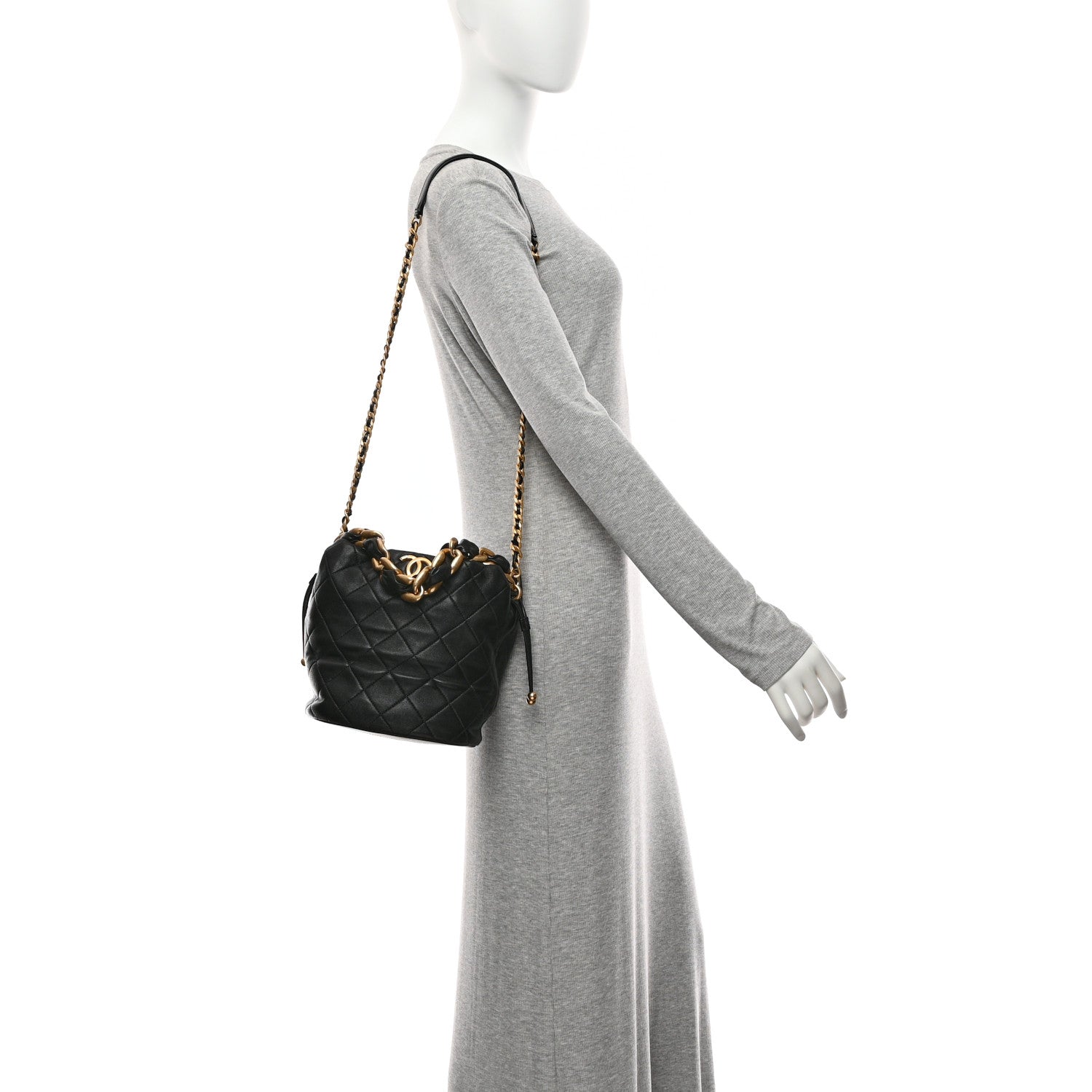Chanel Shiny Lambskin Quilted Small Chain Is More Drawstring Bag Black