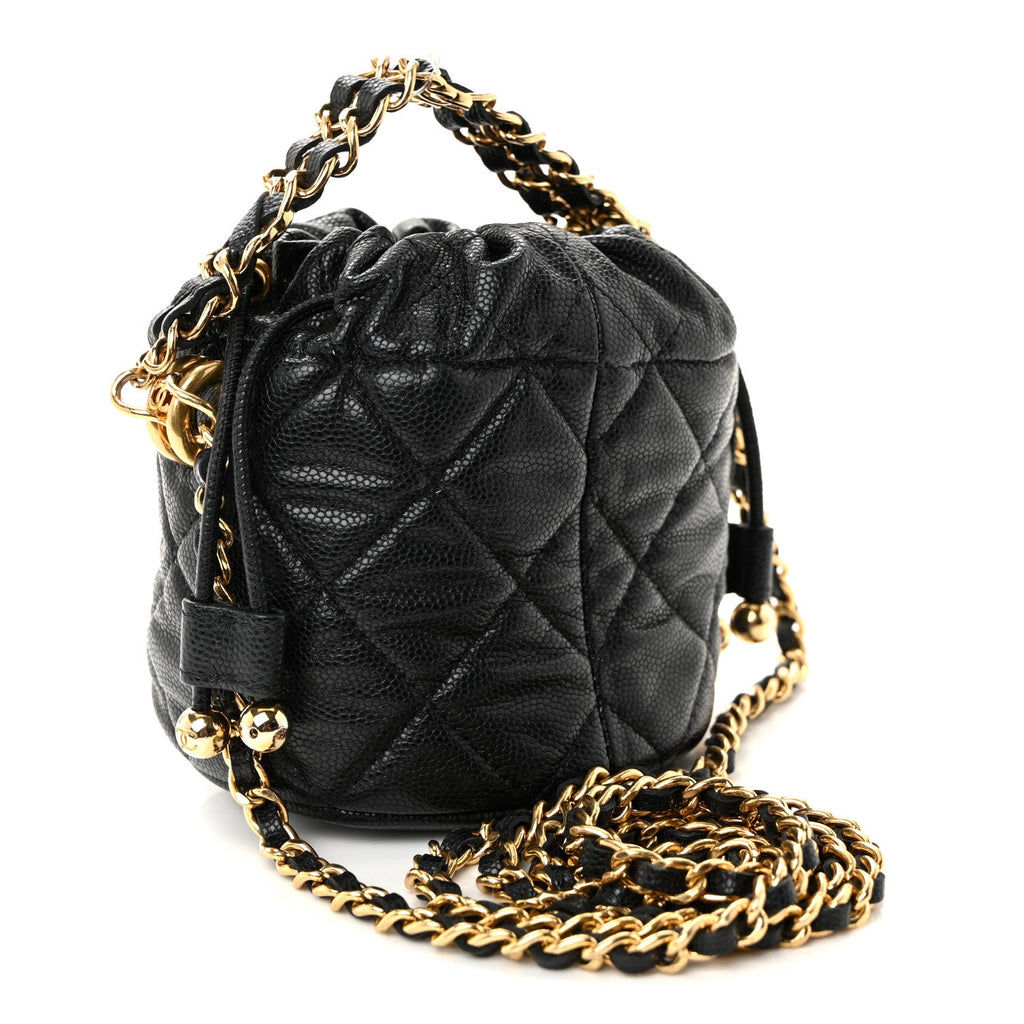 Chanel Caviar Quilted Coco First Bucket Clutch With Chain Black