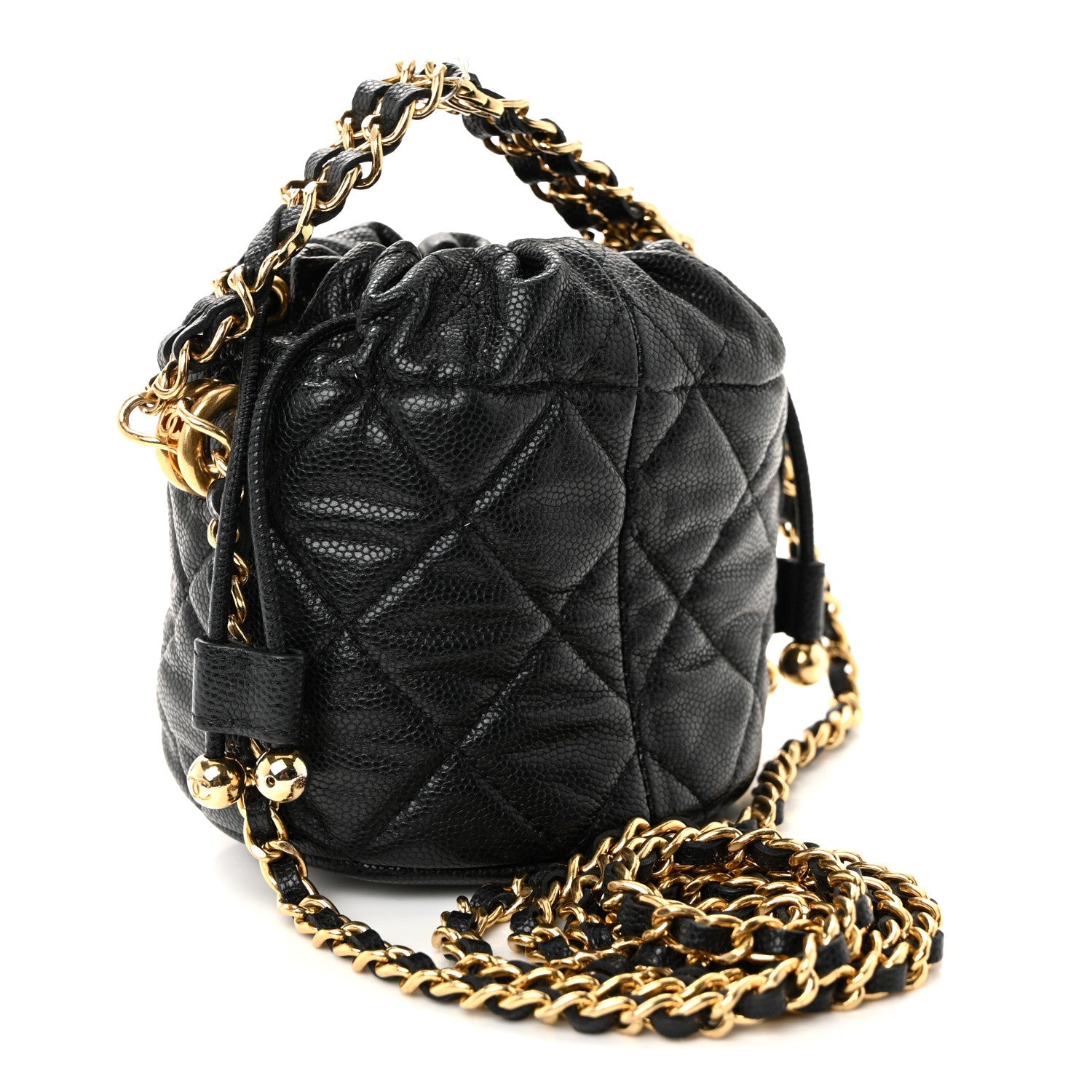 Chanel Caviar Quilted Coco First Bucket Clutch With Chain Black