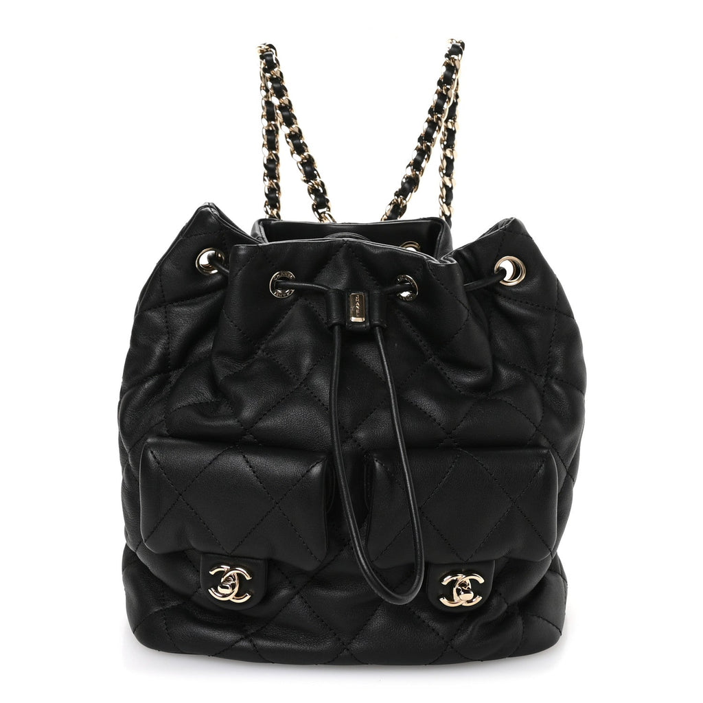 Chanel Lambskin Quilted Double Pocket Drawstring Backpack Black