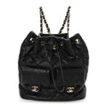Chanel Lambskin Quilted Double Pocket Drawstring Backpack Black