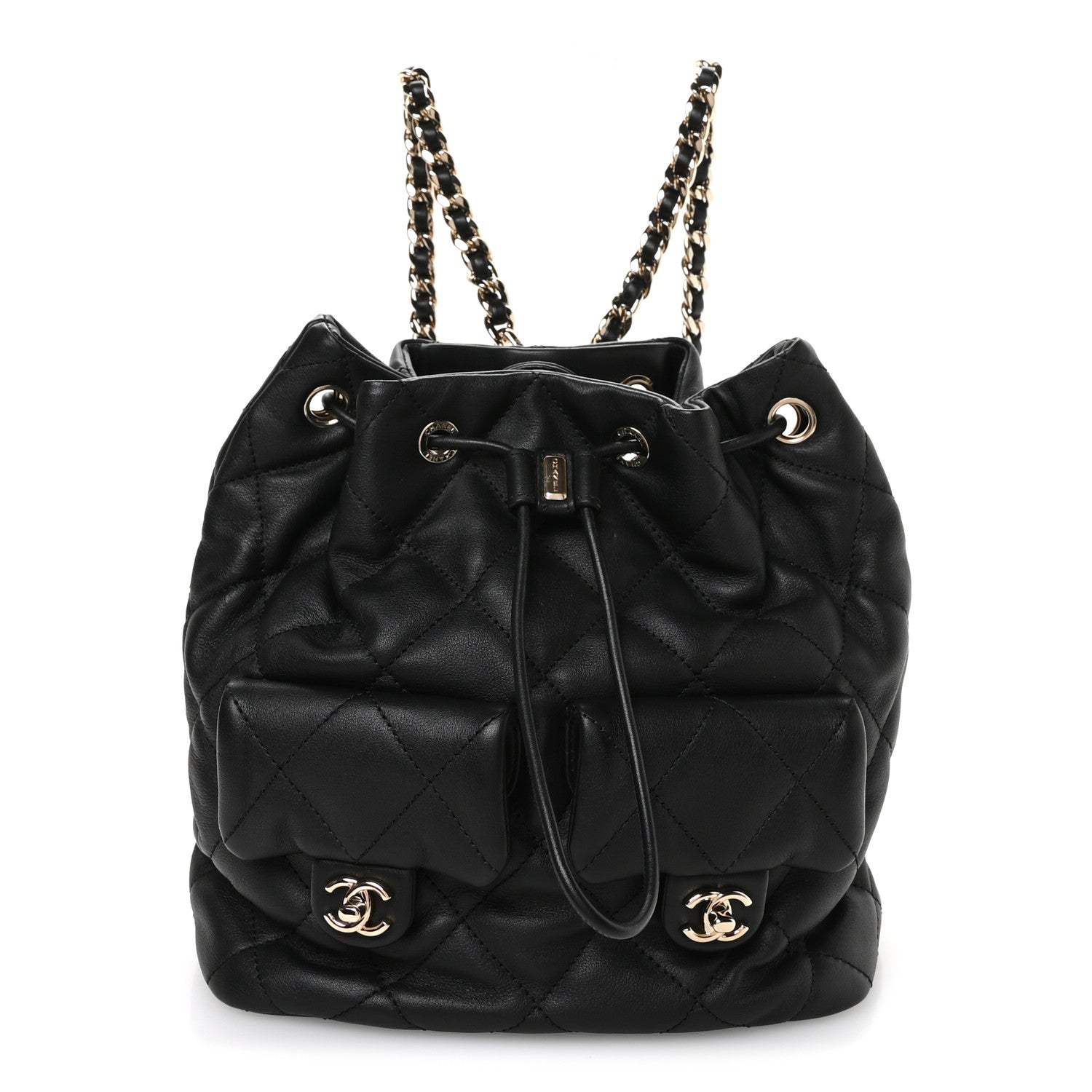 Chanel Lambskin Quilted Double Pocket Drawstring Backpack Black