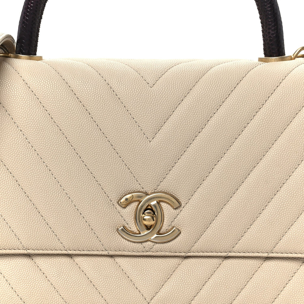 Chanel Caviar Lizard Embossed Chevron Quilted Small Coco Handle Flap Beige