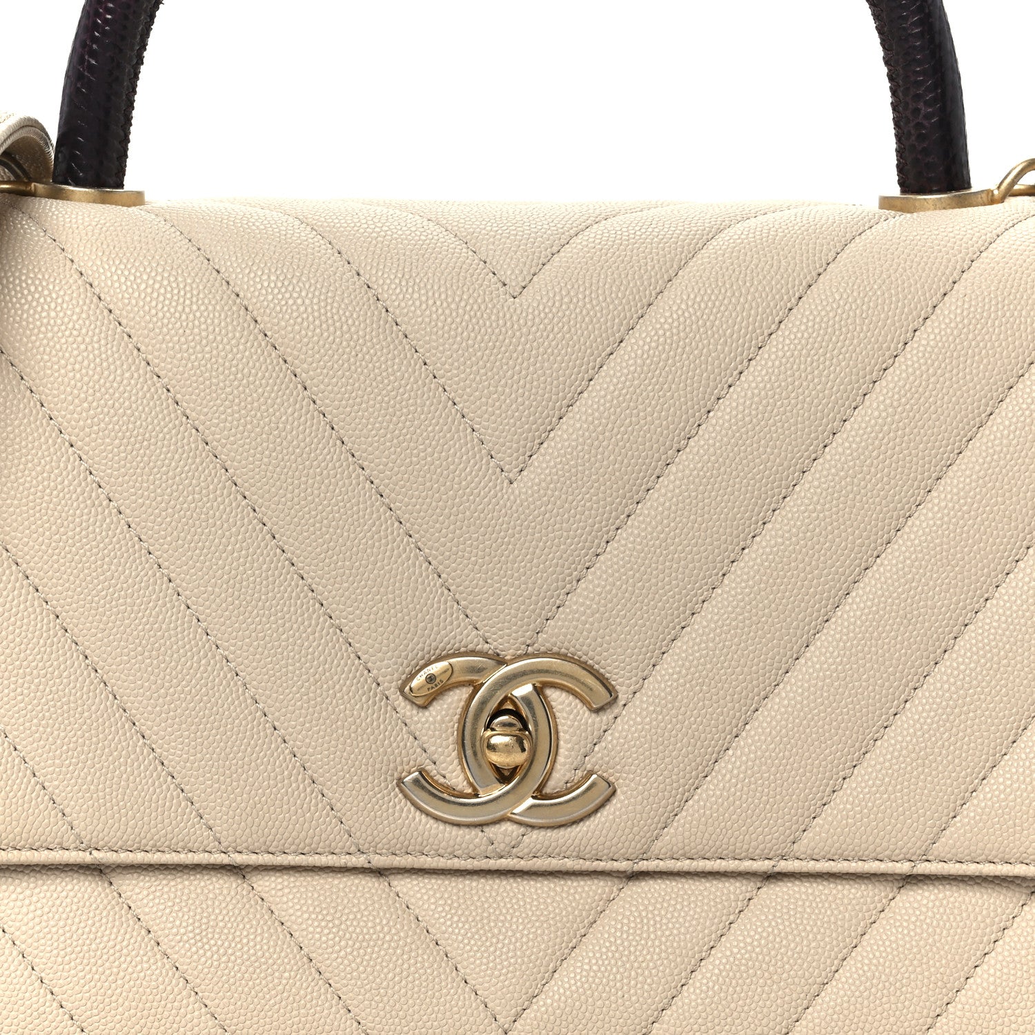 Chanel Caviar Lizard Embossed Chevron Quilted Small Coco Handle Flap Beige
