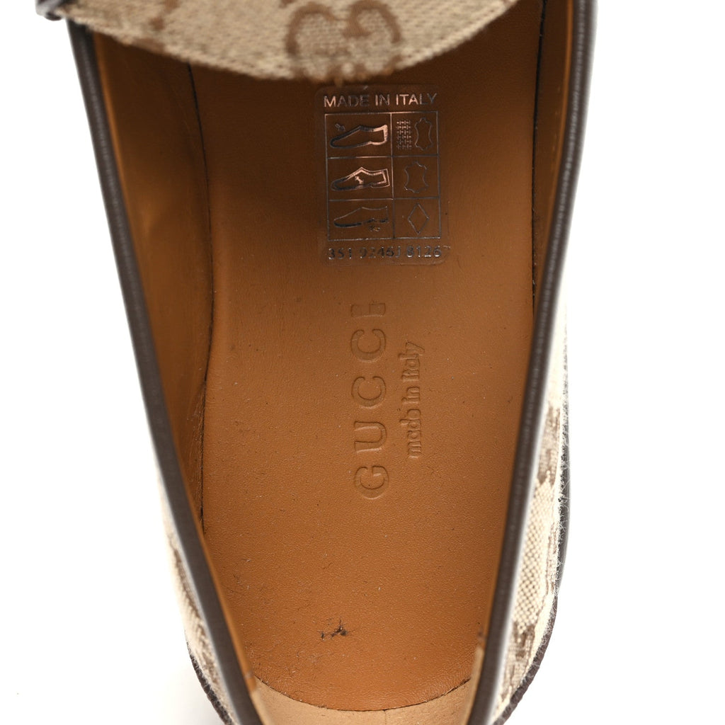 Gucci Monogram Horsebit Calfskin Womens Horsebit Wedge Platform Loafers 35.5 Beige Ebony