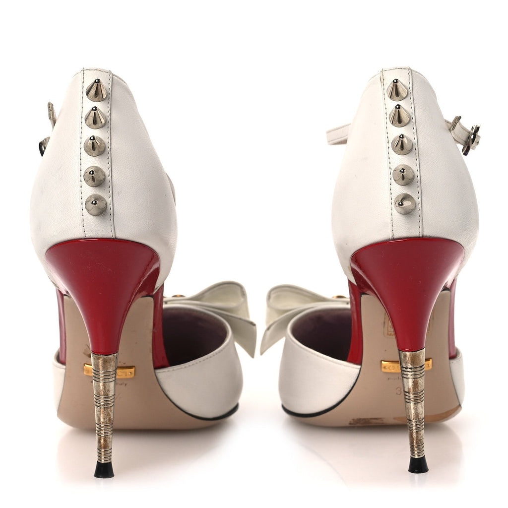 Gucci Calfskin Crystal GG Bow Sadie Spike Ankle Strap d'Orsay High Heel Pumps 35.5 White